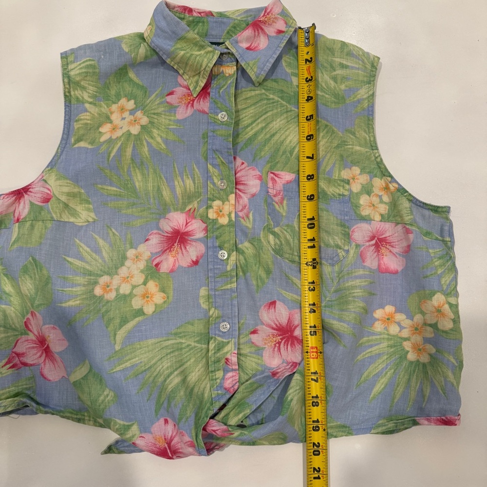 Lauren Ralph Lauren Floral Hibiscus Linen Button-Up Tie Top Blue Green Size 14? - Picture 5 of 6
